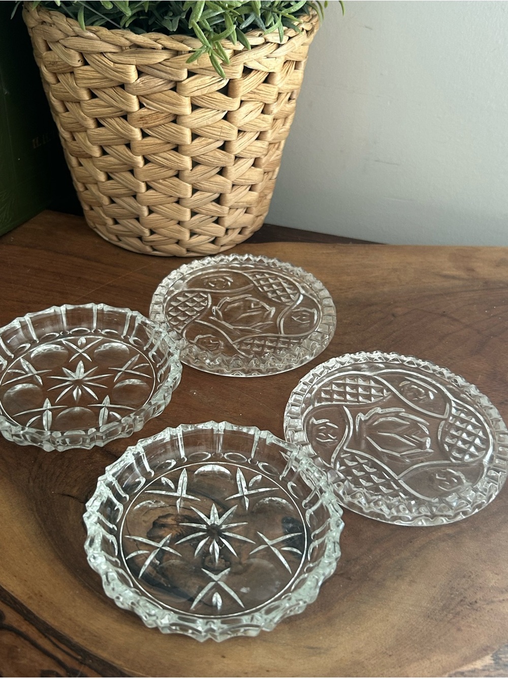 Clear Round Pressed Glass Coasters Trinket Dish- Set of 4